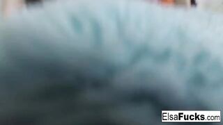 The blonde babe, Elsa Jean, caresses her pussy with pleasure in a sensual scene