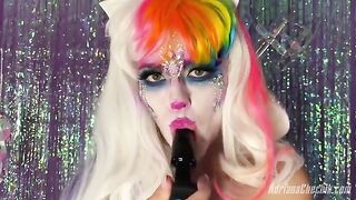 Adriana Chechik Halloween opulence with a rainbow dildo, showcasing her signature squirts