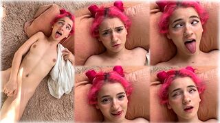 Cute girl touches herself in her panties, showing her 18yo charm