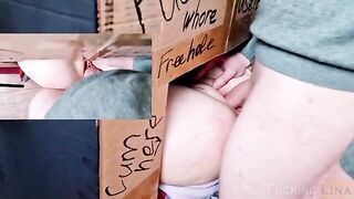 A beautiful girl was fucked in the pussy through the glory hole three times