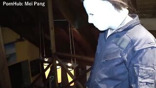 A girl is fucking in a costume for Halloween on the floor