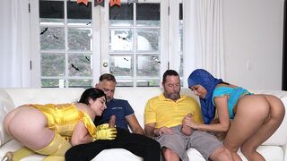Two hot stepdaughters, Keira Croft and Penelope Woods, in sexy costumes, get fucked by their daddies