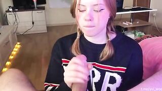 Student girl gently sucks and loves to feel the cum on her tongue in POV