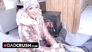 Young babe gets her pussy eaten by stepdad and receives his cum on her face in a taboo scene