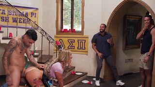 A busty housekeeper gets fucked hard by a group of horny college guys