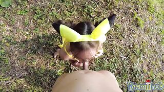 A hot Japanese girl is having a tender sex in the open air