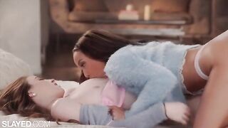 Two skinny girlfriends are having fun with each other in a sensual lesbian sex session