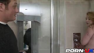 Curvy British woman Harmony Reigns takes a bath and rubs her boobs after showering