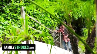 Two kinky teens got caught painting their tits on 4th of July in a taboo scene