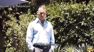 The cutie has fun with her boyfriend’s daddy by the pool