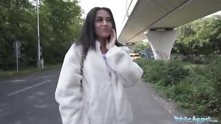 Petite teen almost gets hit by a taxi on the street, saved by Public Agent!
