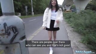Petite teen almost gets hit by a taxi on the street, saved by Public Agent!