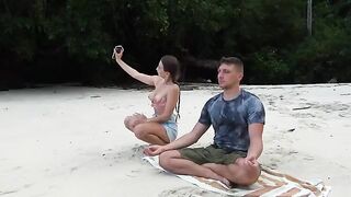 A petite girl practices meditation on the beach and gets a deep blowjob