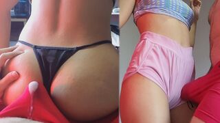 Couple fucked in the ass while the guy cummed through his underwear