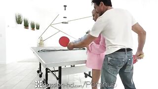 The guy did not let the confident blonde win at ping-pong