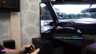 The girl distracts her boyfriend by playing while having sex with him