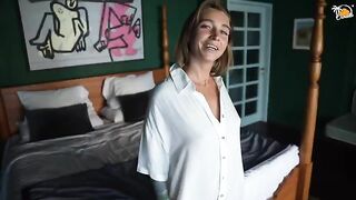 Blonde cougar enjoyed hardcore sex with a guy in the hotel room with toys