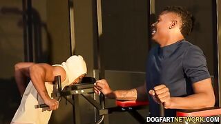 Kay Carter gets fucked by two BBCs at the gym