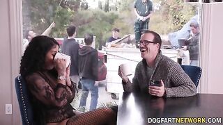 Ebony babe Paris The Muse gets her mouth filled with ten dicks