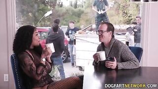 Ebony babe Paris The Muse gets her mouth filled with ten dicks