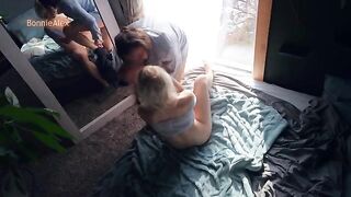 A couple has amazing sex right in front of the mirror, passionate and real