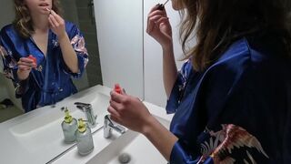 A hot French girl with big boobs gets fucked early in the morning in the bathroom