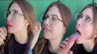 Girl sucks cock of a guy in public place