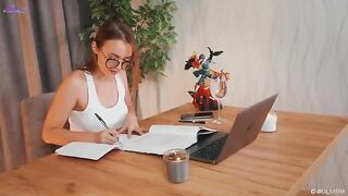 The hot girl squirts while teaching Spanish, showcasing her wet pussy in action