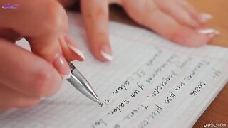 The hot girl squirts while teaching Spanish, showcasing her wet pussy in action