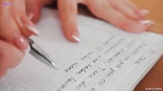 The hot girl squirts while teaching Spanish, showcasing her wet pussy in action
