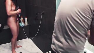 Babe jerked off her husband in the shower, ending with a ruined orgasm