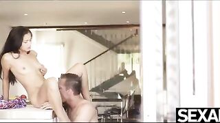 Petite brunette woman fucked doggy style on the kitchen counter