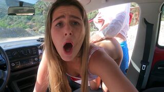 A blonde got fucked hard in the car on public parking, she's a slut