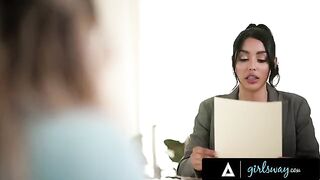 Busty Kayley Gunner, lawyer Vanessa Sky's nemesis, destroys her pussy in a steamy Girlsway scene