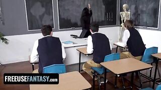 Three students fucked their teacher Valentina Nappi in the classroom in a wild fantasy scene