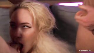 Two guys with one huge cock, blonde has a mouthful