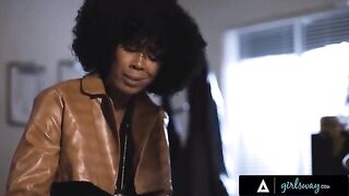 Detective Misty Stone rubs her wet pussy with a colleague on their desk