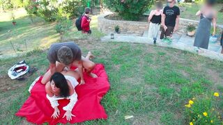 Brunette woman has sex with stranger on the meadow