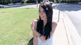 Pervert dude pays petite teen Mia Hurley to get naked outdoors