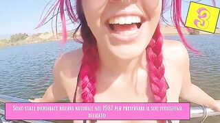 A girl is flashing her body on the beach while talking about intimacy