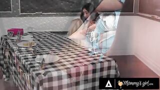 A hot MILF is scissoring her stepdaughter Chloe Surreal for money