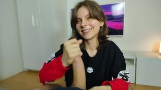 Young slut gets her face covered with cum in a hot, messy session
