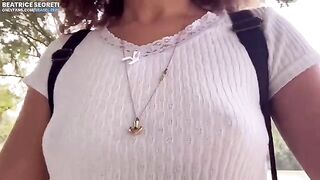 A girl masturbates publicly and a guy films her wet pussy