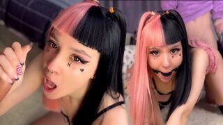 Babe with pink hair gets gagging deepthroat and cum on her face