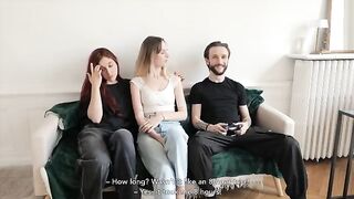 An amateur French couple, with a redhead and blonde, share a man’s huge dick