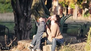 An athletic girl risks her body in public to please her partner, showcasing her daring side