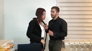 The secretary sits on the boss’s dick in stockings, coming hard