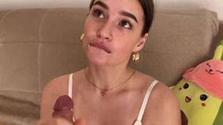 The cute girl promised a guy a gentle blowjob, but she did it great