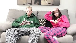 Stepbrother masturbating next to step sister, she gives him a handjob