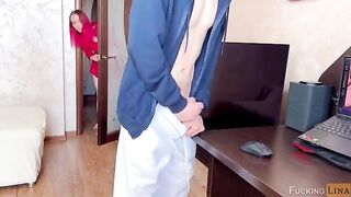 The guy was caught jerking off by the sexy stepsis, who made him cum